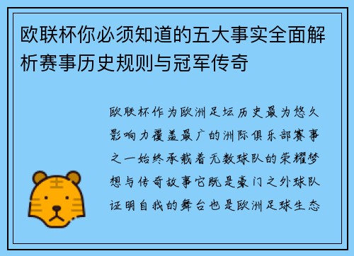 欧联杯你必须知道的五大事实全面解析赛事历史规则与冠军传奇