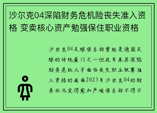 沙尔克04深陷财务危机险丧失准入资格 变卖核心资产勉强保住职业资格